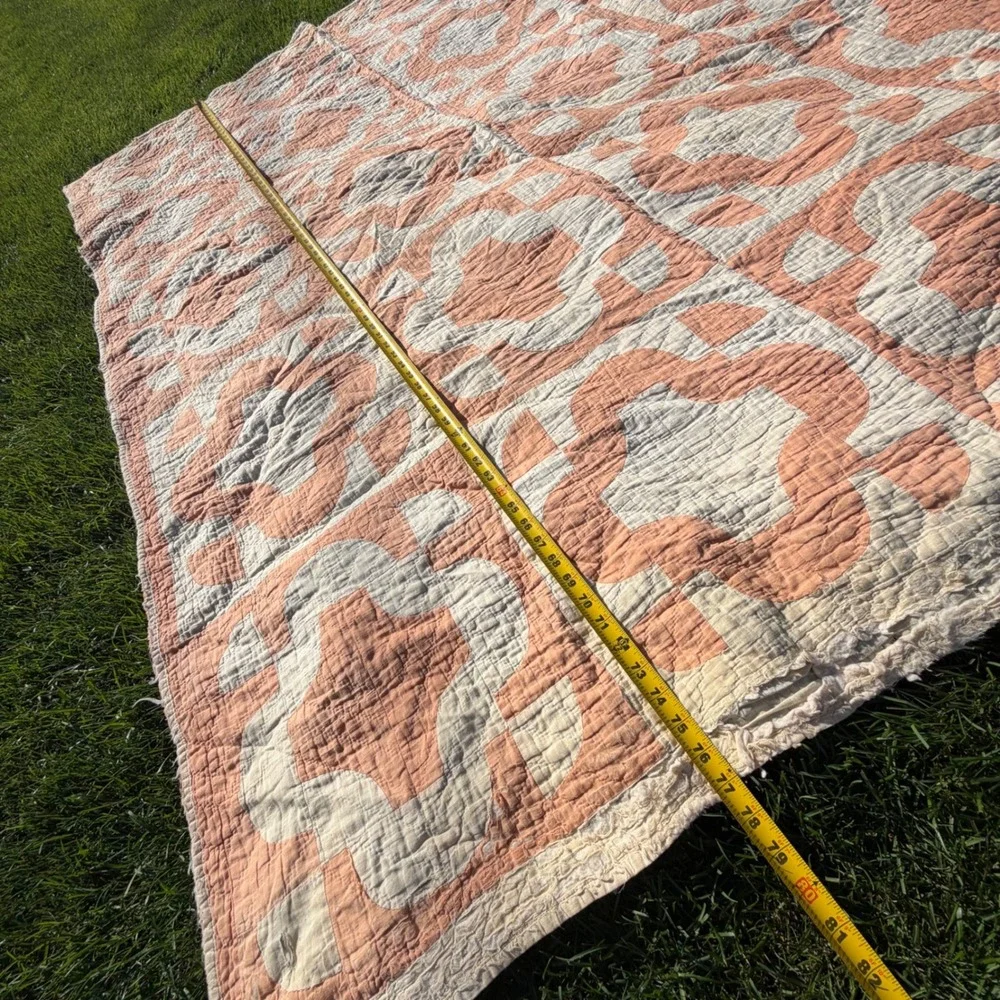C+ Antique 1800s Hand Quilted Cotton Quilt Orange Peel Peach Folk Art 80x64 Vtg